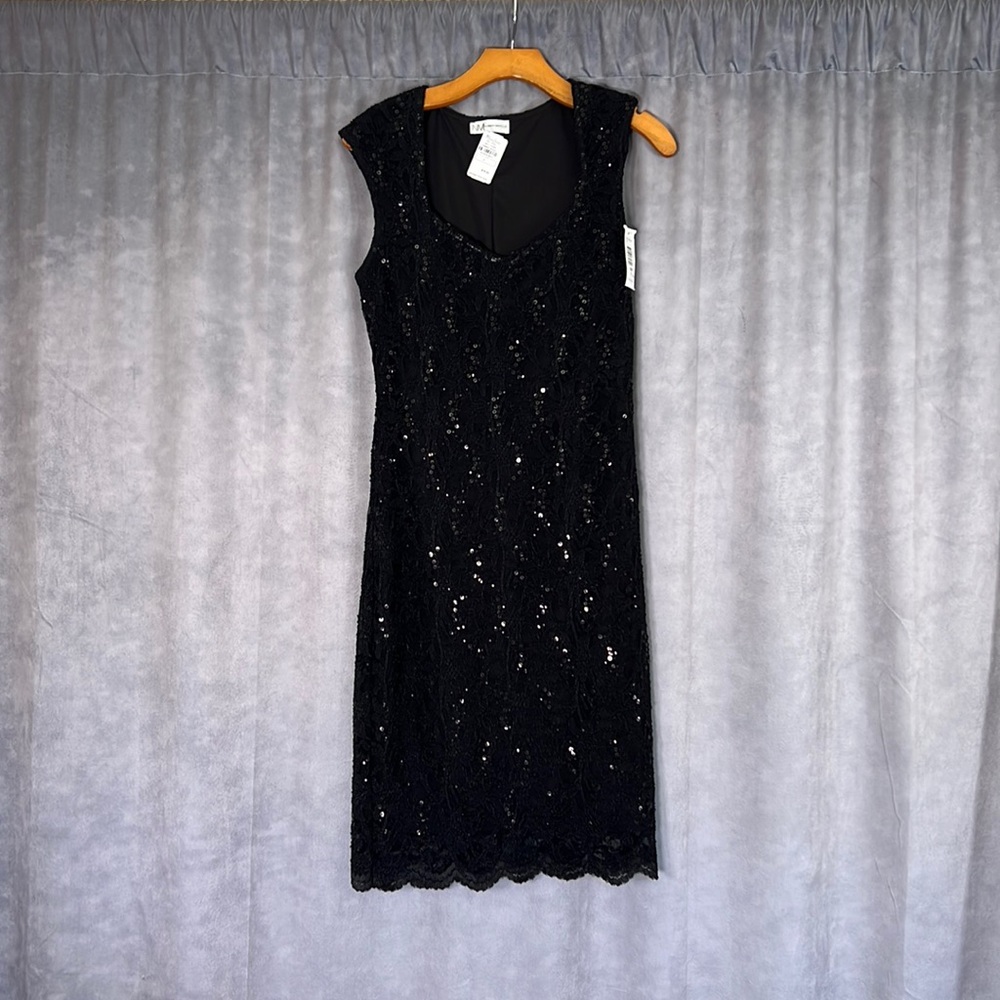 Neiman Marcus classic black cocktail dress with sequins, mid length NWT